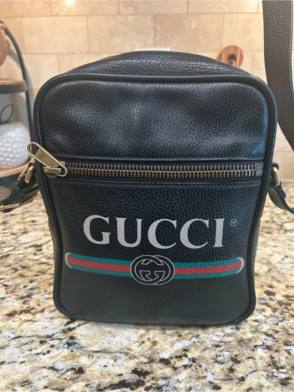 Gucci Black Logo Shoulder Bag Men's Adjustable Strap Designer Brass Hardware coa